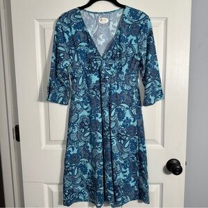 Spunk Wear stretch v-neck dress, blue floral, empire waist with elastic, party